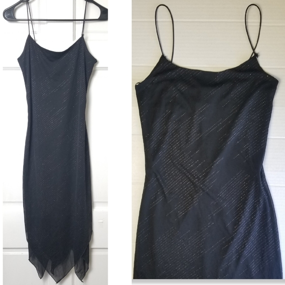 VINTAGE 90s Handkerchief Hem Slinky Black Dress - Picture 2 of 13